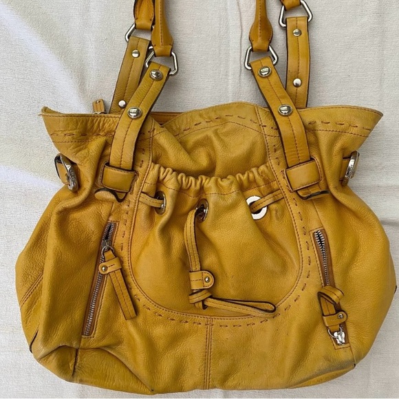 B Makowsky Mustard Yellow Leather Handbag Tote Satchel - Picture 2 of 7